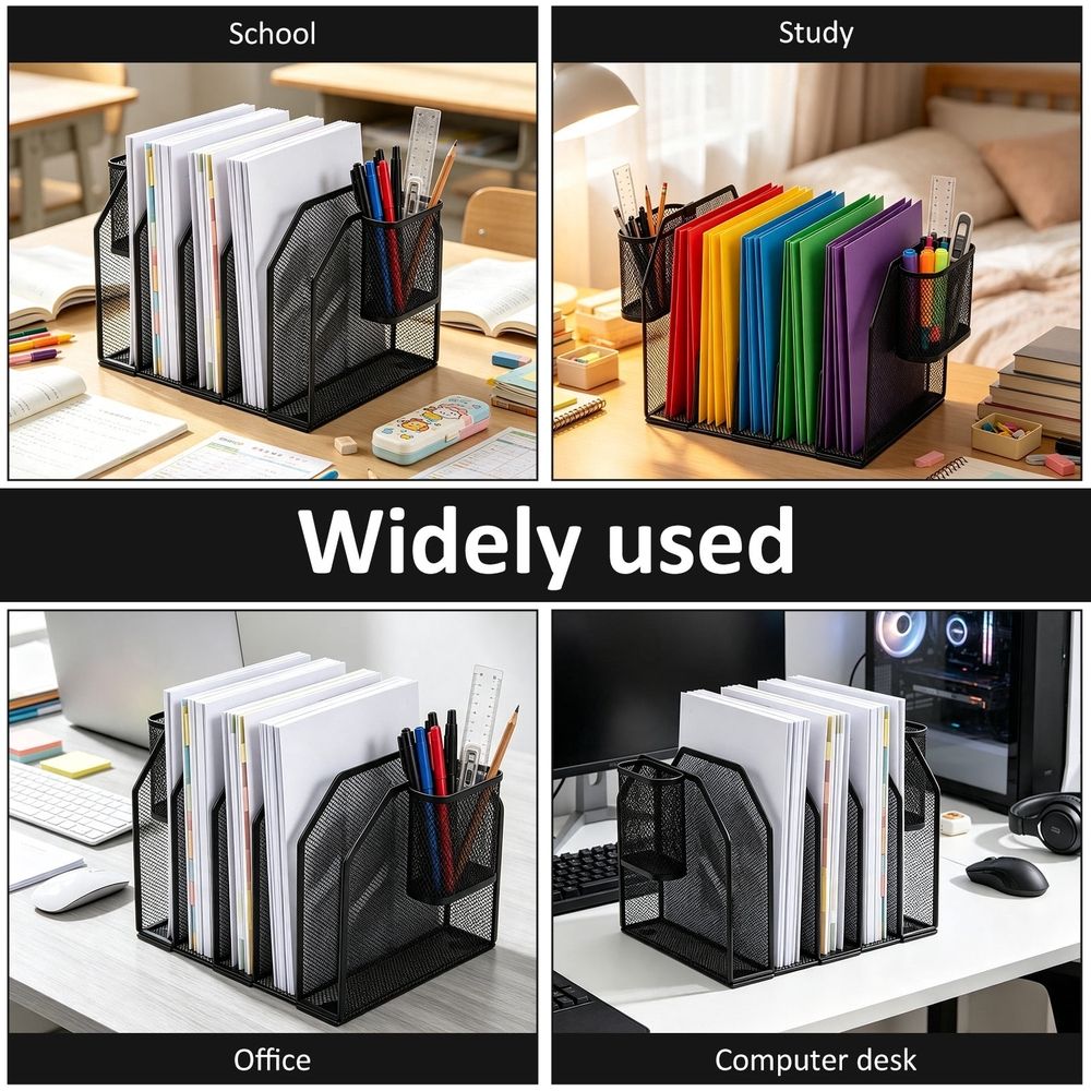 Black 7 Section Desktop File Sorter, Easy to Assemble, Sturdy and Lightweight for Letter A4 Folder Paper Book Office Classroom Home