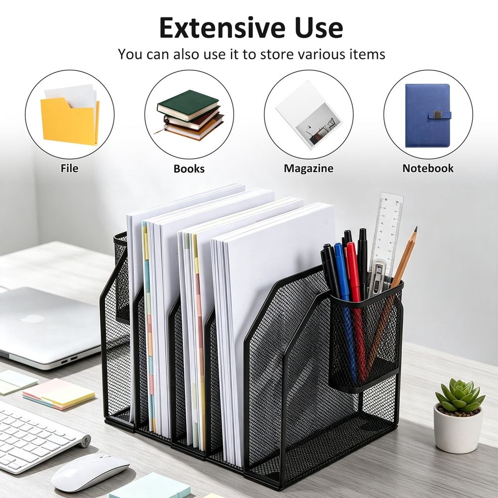 Black 7 Section Desktop File Sorter, Easy to Assemble, Sturdy and Lightweight for Letter A4 Folder Paper Book Office Classroom Home