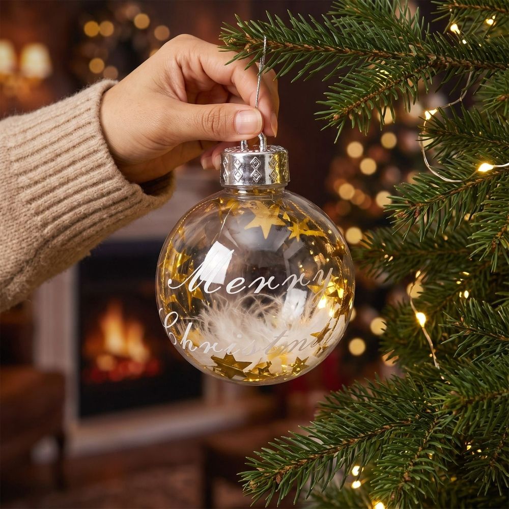 6 Pack Clear Christmas Ball Ornaments Shatterproof Plastic Baubles with Star Confetti Filler for Christmas Tree Wreath Garland Wedding Birthday Party Window Display Decor Hanging Ornament Set, Silver