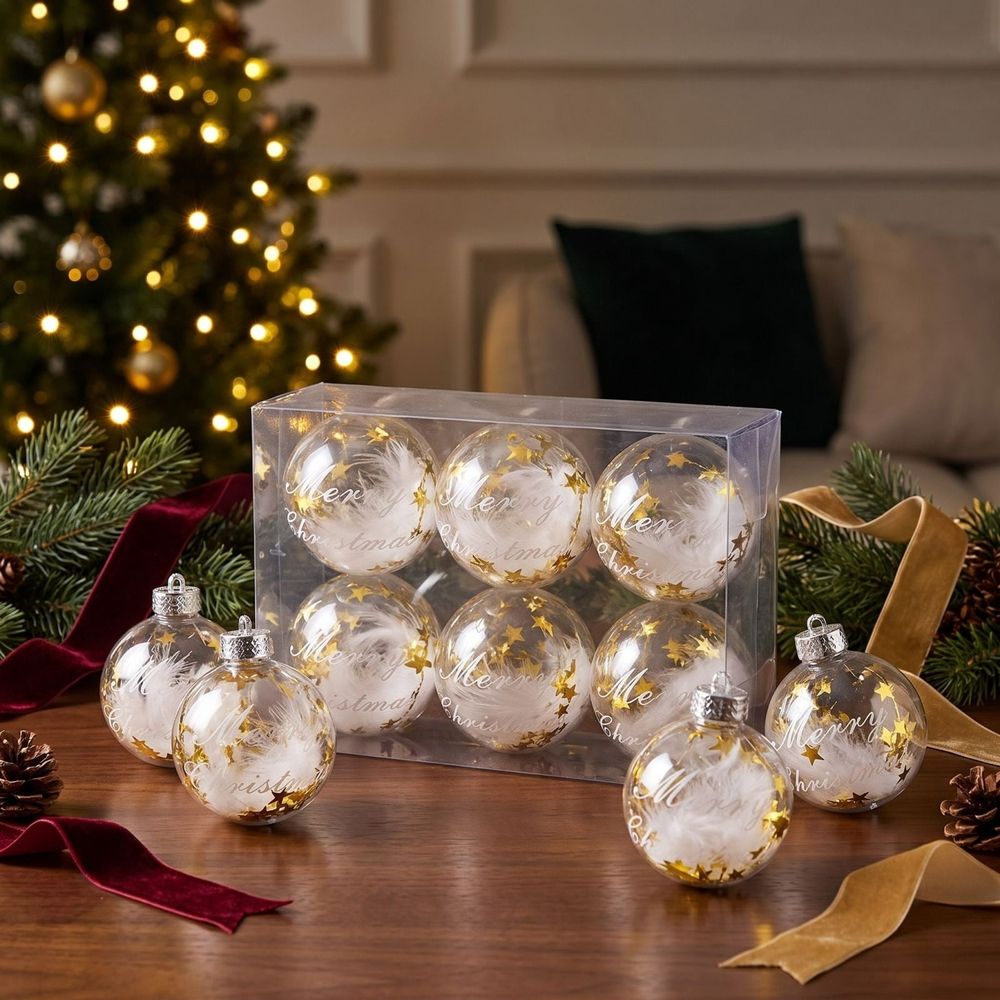 6 Pack Clear Christmas Ball Ornaments Shatterproof Plastic Baubles with Star Confetti Filler for Christmas Tree Wreath Garland Wedding Birthday Party Window Display Decor Hanging Ornament Set, Silver
