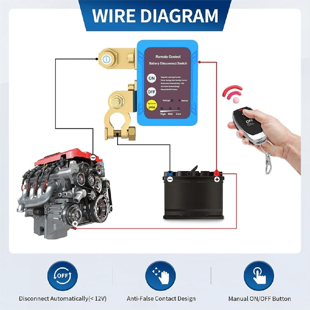 12V 240A Remote Battery Disconnect Switch, Automatic Power Off Switch Car Truck Boat Remote Control Switch