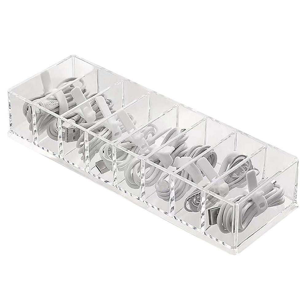 2PC Clear Cable Organizer Box with 10 Wire Ties & 8 Adjustable Compartments - Desk Drawer Storage Case for Office, Electronics, Art Supplies, Home Accessories Management