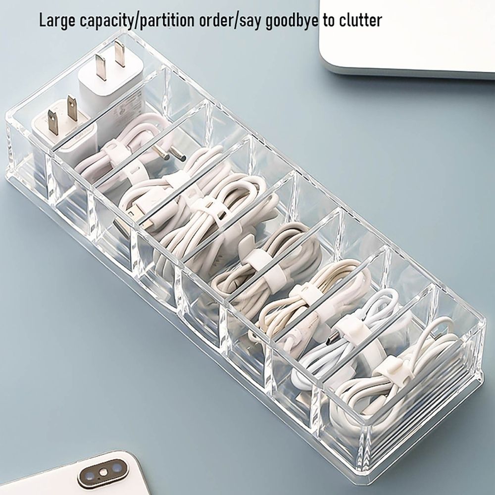 2PC Clear Cable Organizer Box with 10 Wire Ties & 8 Adjustable Compartments - Desk Drawer Storage Case for Office, Electronics, Art Supplies, Home Accessories Management