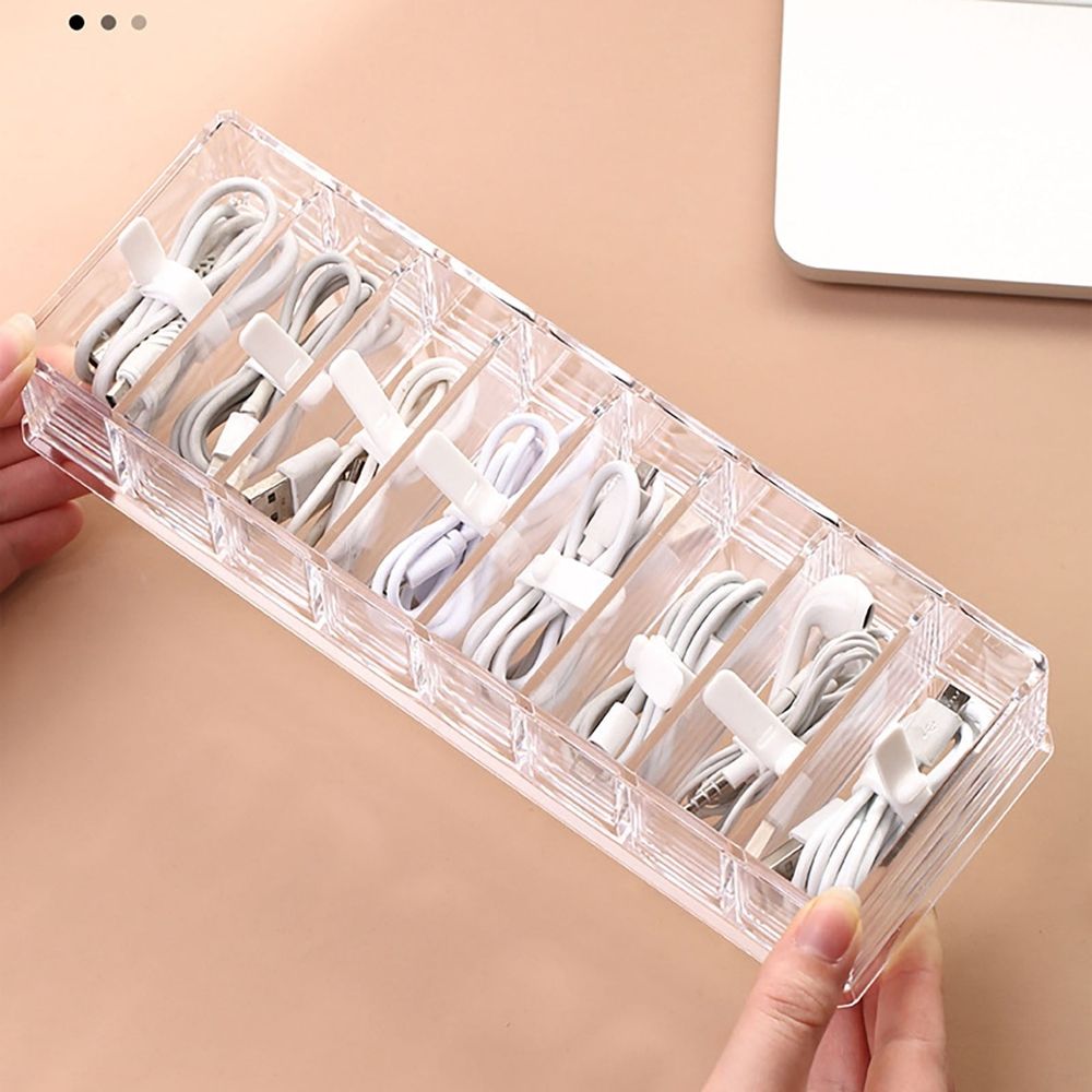 2PC Clear Cable Organizer Box with 10 Wire Ties & 8 Adjustable Compartments - Desk Drawer Storage Case for Office, Electronics, Art Supplies, Home Accessories Management