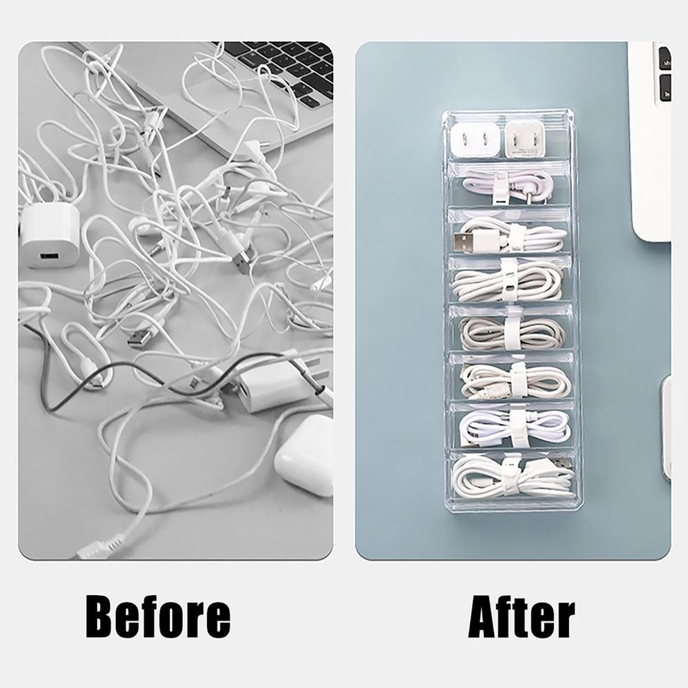 2PC Clear Cable Organizer Box with 10 Wire Ties & 8 Adjustable Compartments - Desk Drawer Storage Case for Office, Electronics, Art Supplies, Home Accessories Management