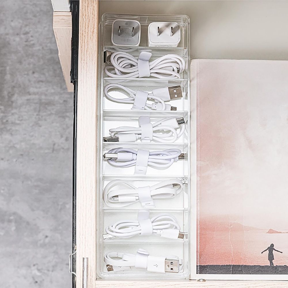 2PC Clear Cable Organizer Box with 10 Wire Ties & 8 Adjustable Compartments - Desk Drawer Storage Case for Office, Electronics, Art Supplies, Home Accessories Management
