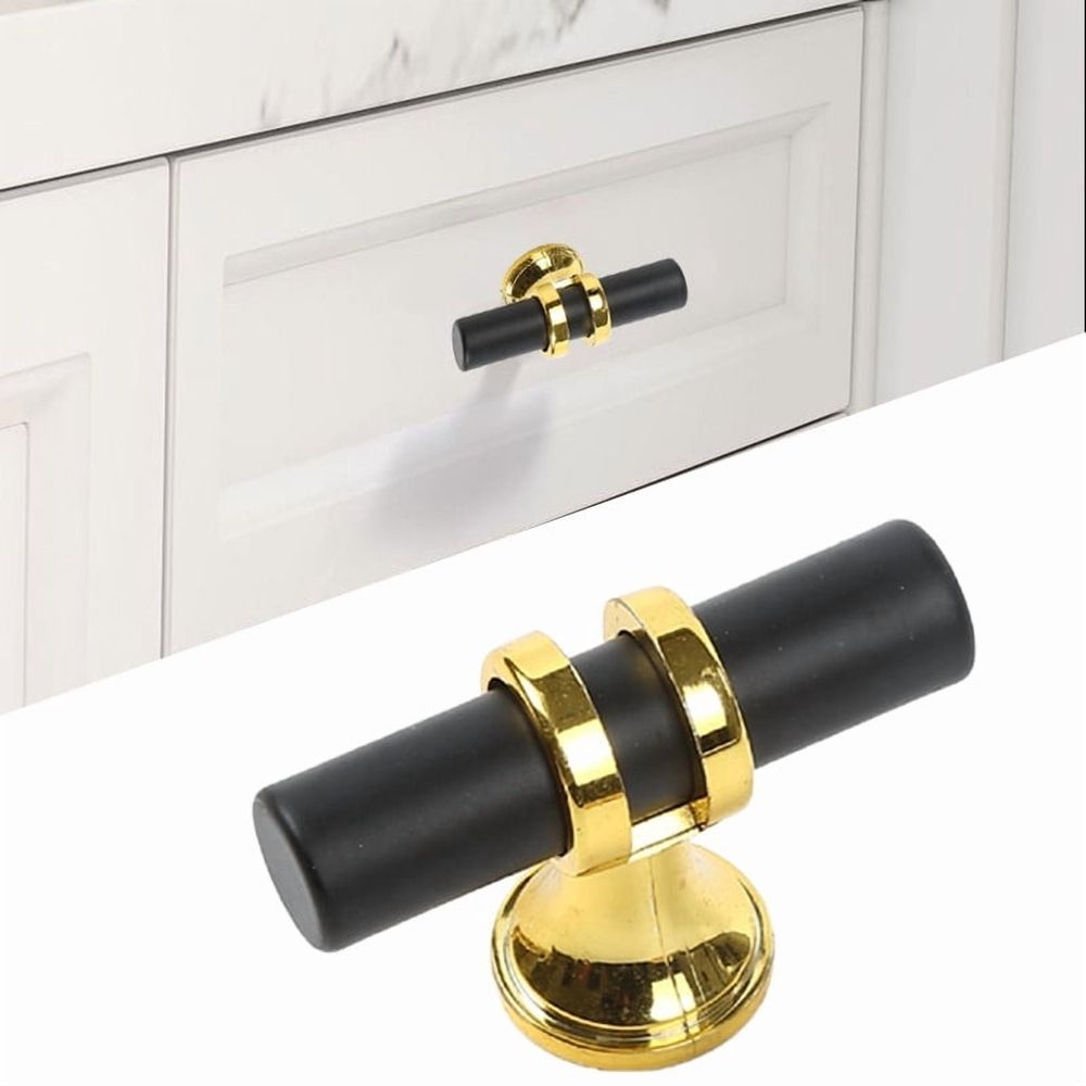 Black and Gold Cabinet Knobs - Modern Zinc Alloy Drawer Pulls - Single Hole T-Bar Handles for Kitchen, Bathroom & Dresser - Matte Black with Brushed Brass Accent Hardware