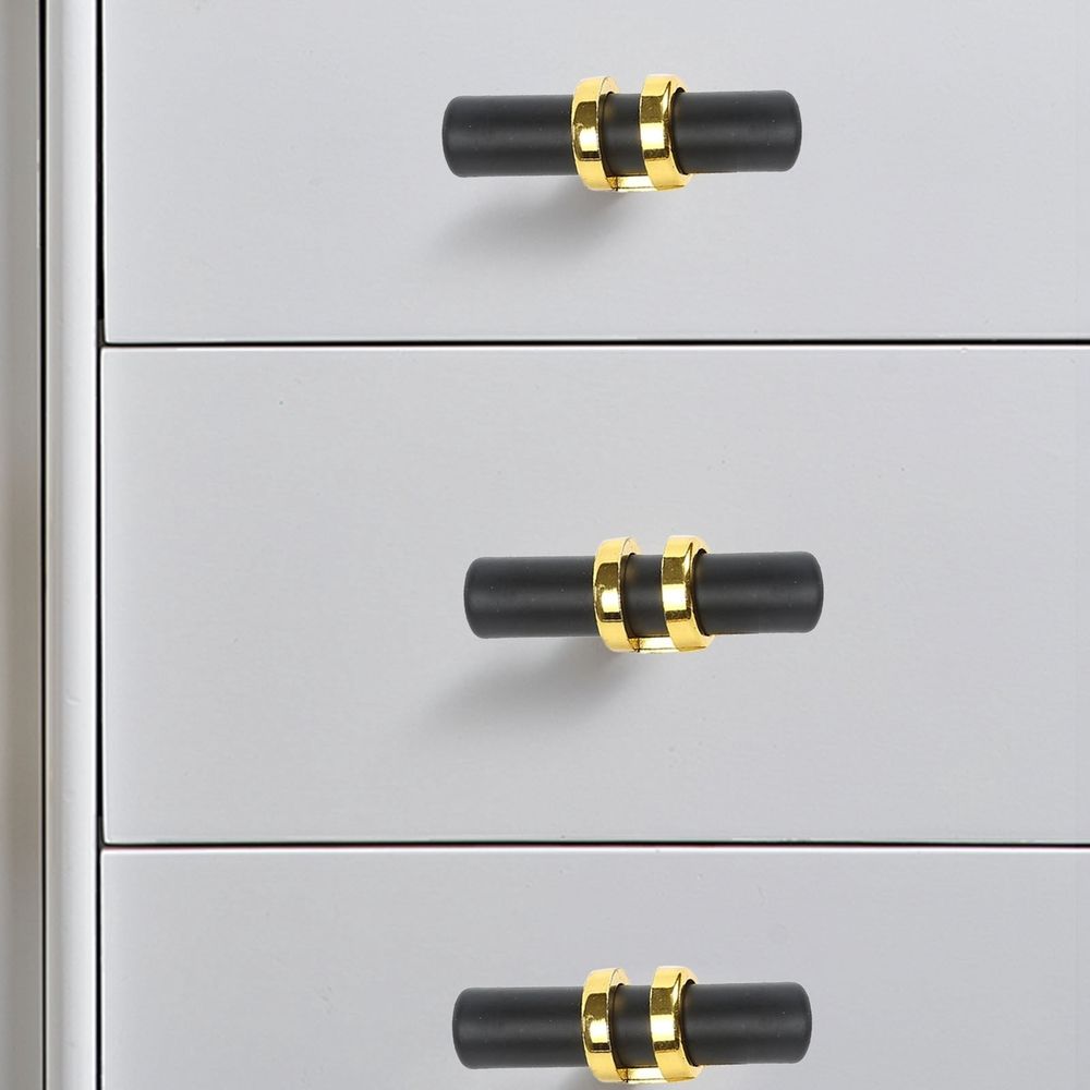 Black and Gold Cabinet Knobs - Modern Zinc Alloy Drawer Pulls - Single Hole T-Bar Handles for Kitchen, Bathroom & Dresser - Matte Black with Brushed Brass Accent Hardware