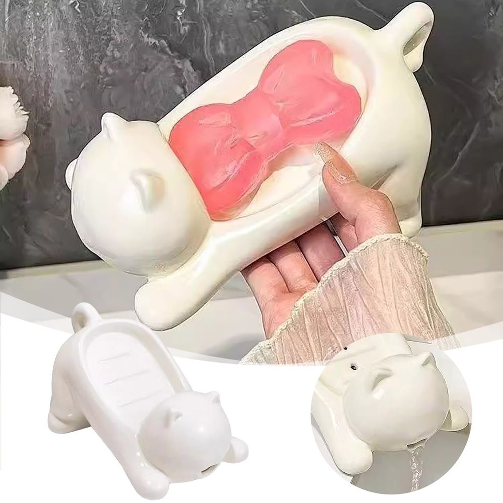 Creative Cat Soap Dish with Drain - Ceramic Self Draining Soap Holder for Shower, Bathroom & Kitchen - Cute Cat Themed Soap Tray Container for Bar Soap (White)