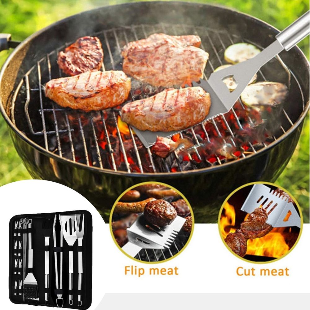 20-Piece Stainless Steel BBQ Grill Tools Set - Professional Barbecue Accessories Kit with Canvas Bag - Outdoor Cooking Utensils for Camping, Backyard Grilling
