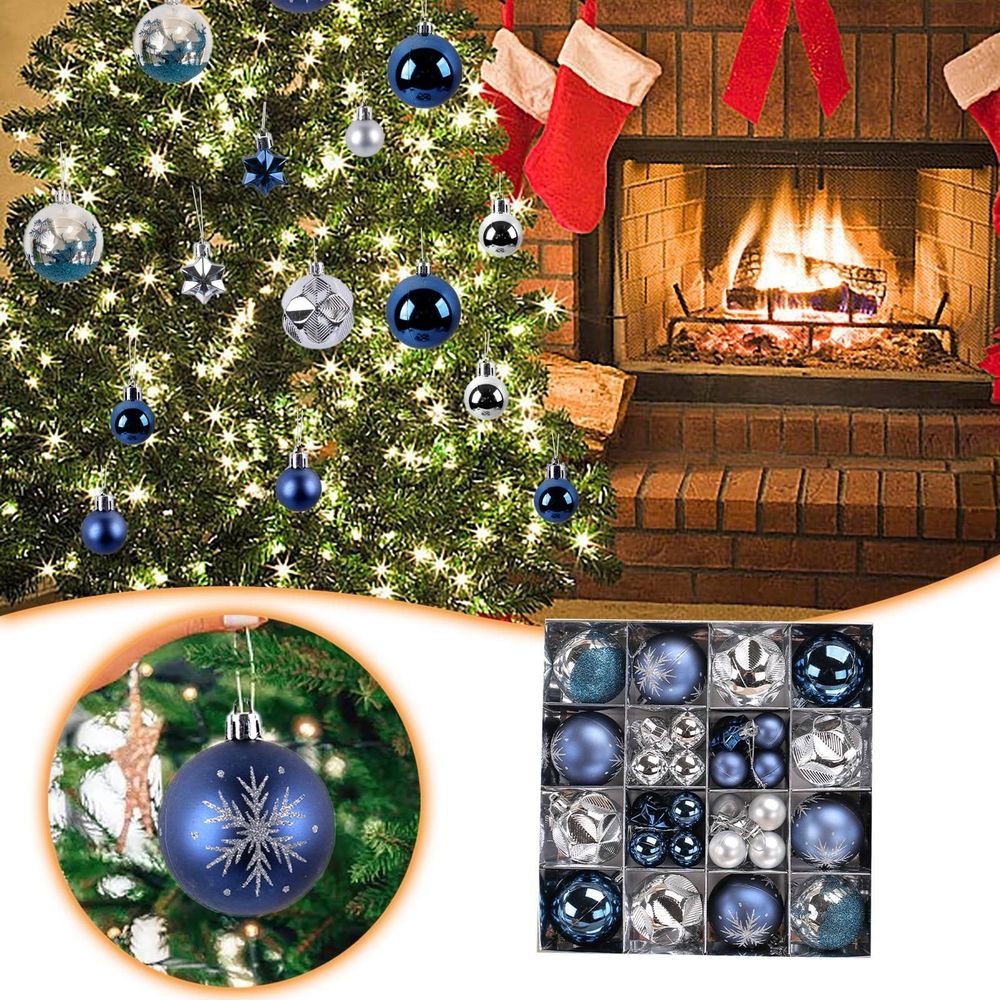44ct Blue Silver Christmas Ball Ornaments - Bulk Glitter Hanging Decor Set with Large & Mini Sizes for Tree, Garland & Holiday Party