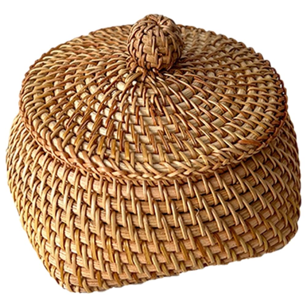 Round Rattan Basket Box with Lid Hand Woven Wicker Storage Bin Organizer Decorative Picnic Food Bread Basket Natural Rattan Bowl for Entryway Shelf Desktop Home Living Room Bedroom Bathroom Decor
