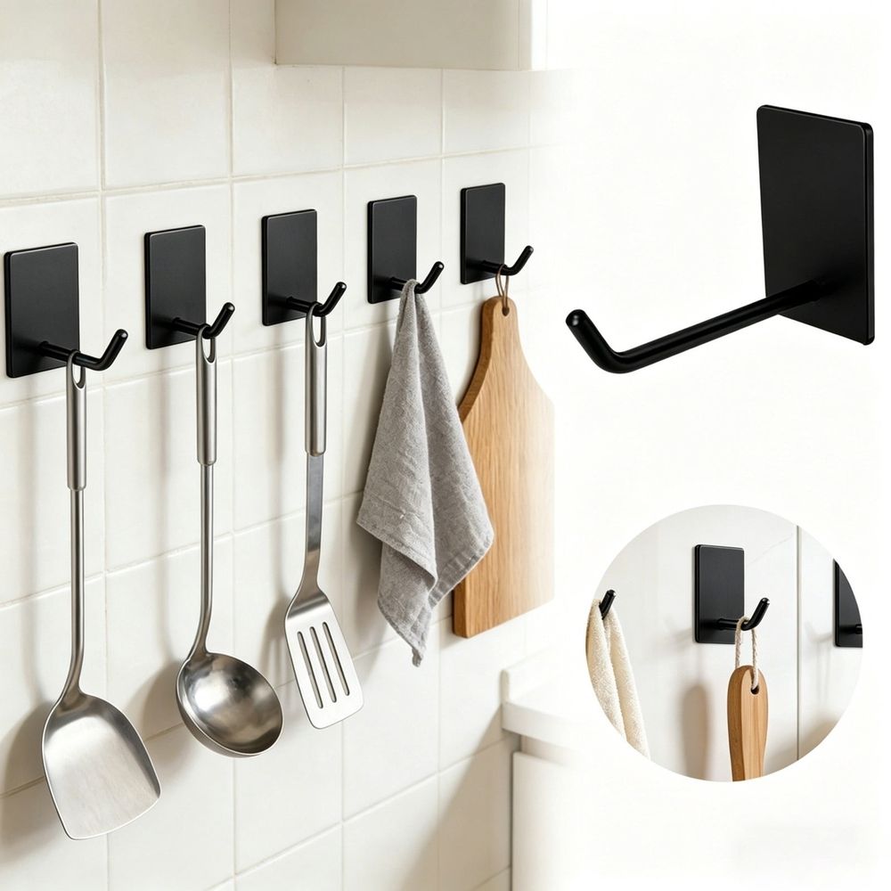 Adhesive Hooks Heavy Duty, Long Stainless Steel Self Adhesive Wall Hook, Sticky Towel Hangers for Kitchen Bathroom, Waterproof Stick on Door Hooks for Hanging Key Hat Coat 1Pack(Black)