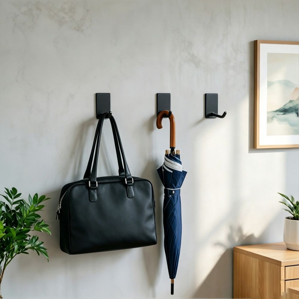 Adhesive Hooks Heavy Duty, Long Stainless Steel Self Adhesive Wall Hook, Sticky Towel Hangers for Kitchen Bathroom, Waterproof Stick on Door Hooks for Hanging Key Hat Coat 1Pack(Black)