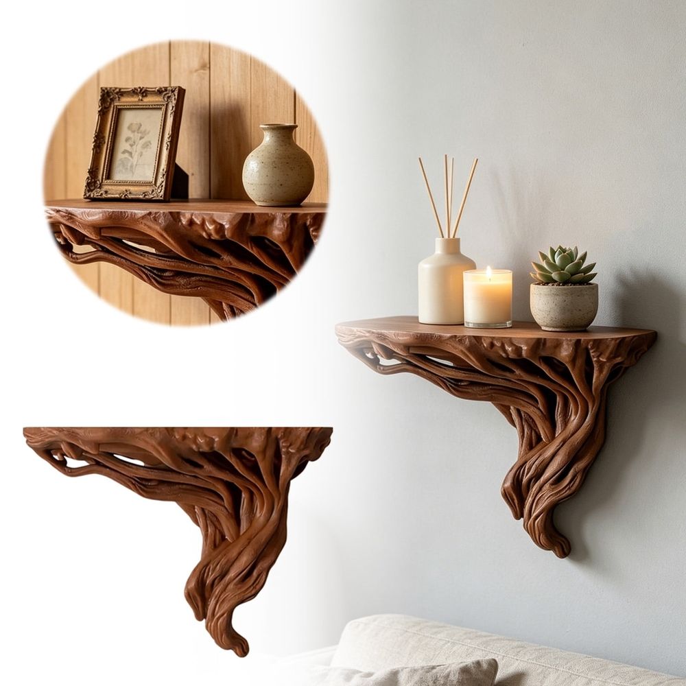 Organic Driftwood Root Floating Wall Display Rack, Textured Wooden Wall Shelf Matching Floating Shelf And Floating Shelves For Bedroom Living Room Rustic Decor Storage