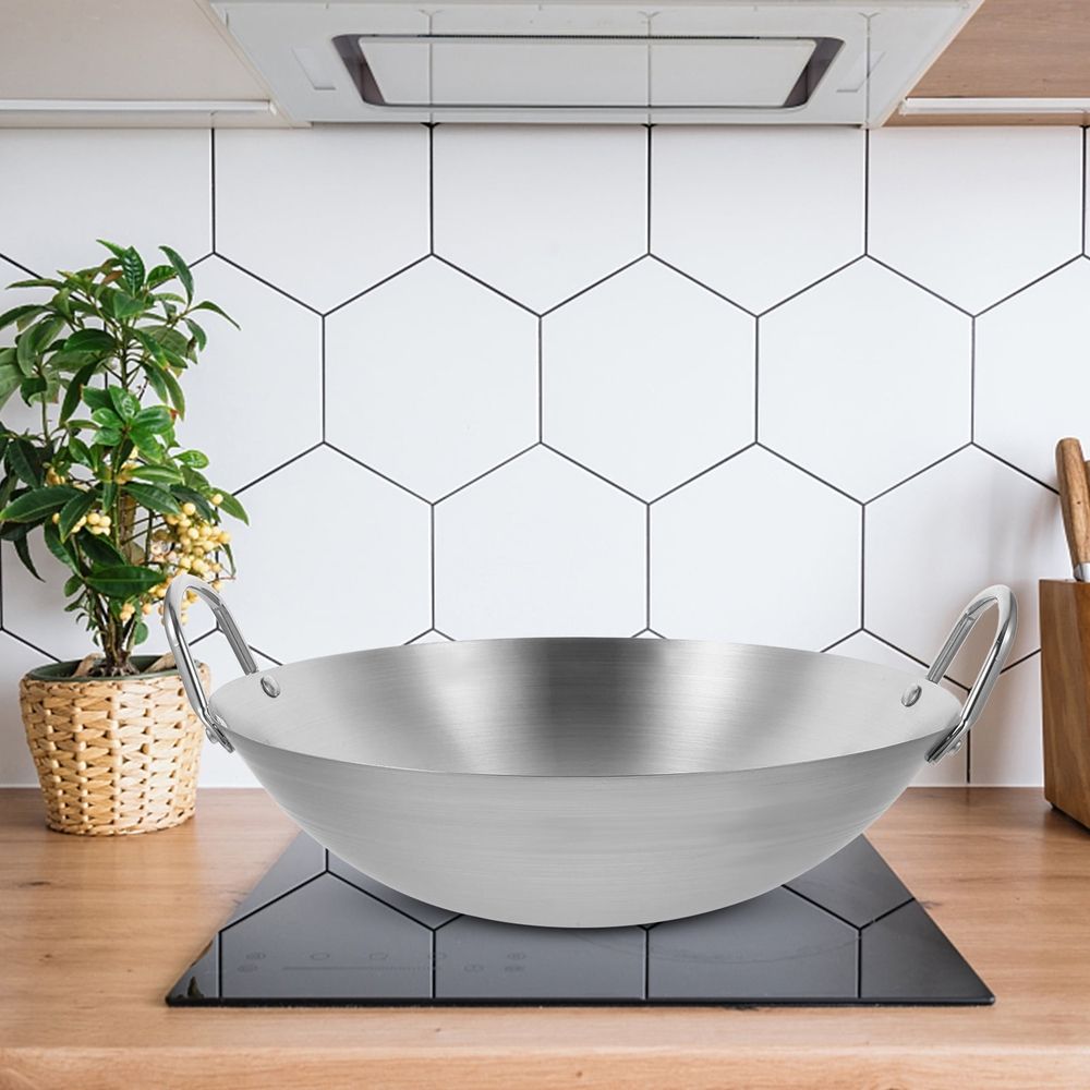 Heavy Duty Plated Silver Stainless Steel Wok for All Stoves - Easy to Move, Wide Use