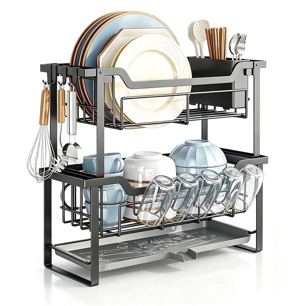 2-Tier Dish Racks, Large Space-Saving Dish Drying Rack, Narrow Drainer for Kitchen Counter, Black