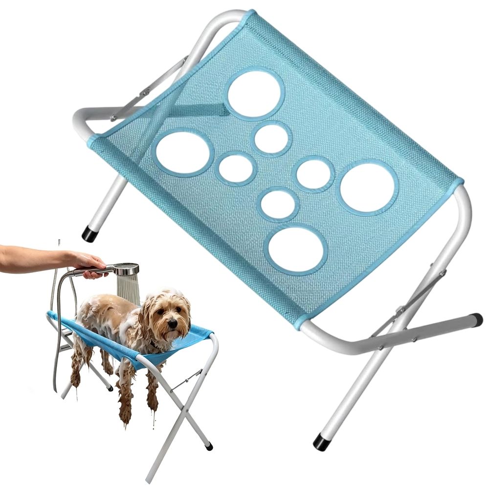 Dog Grooming Hammock, 2-in-1 Foldable Pet Grooming Bed, Mesh Bath Stand with Strap, Portable Wash Station for Small Pets