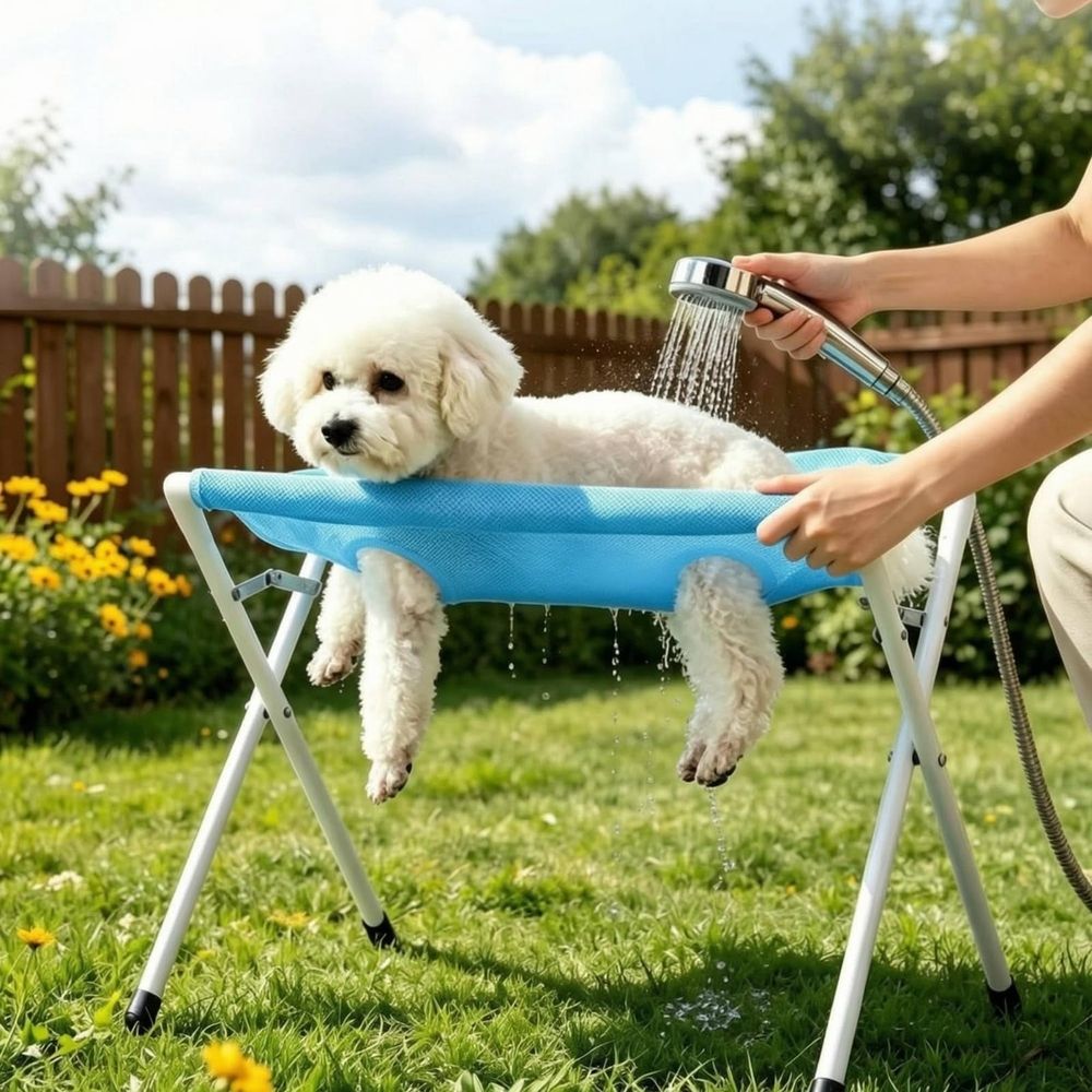 Dog Grooming Hammock, 2-in-1 Foldable Pet Grooming Bed, Mesh Bath Stand with Strap, Portable Wash Station for Small Pets