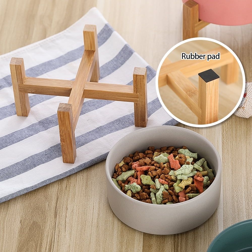 Elevated Ceramic Cat & Dog Bowl with Non-Slip Wooden Stand for Pets, Solid