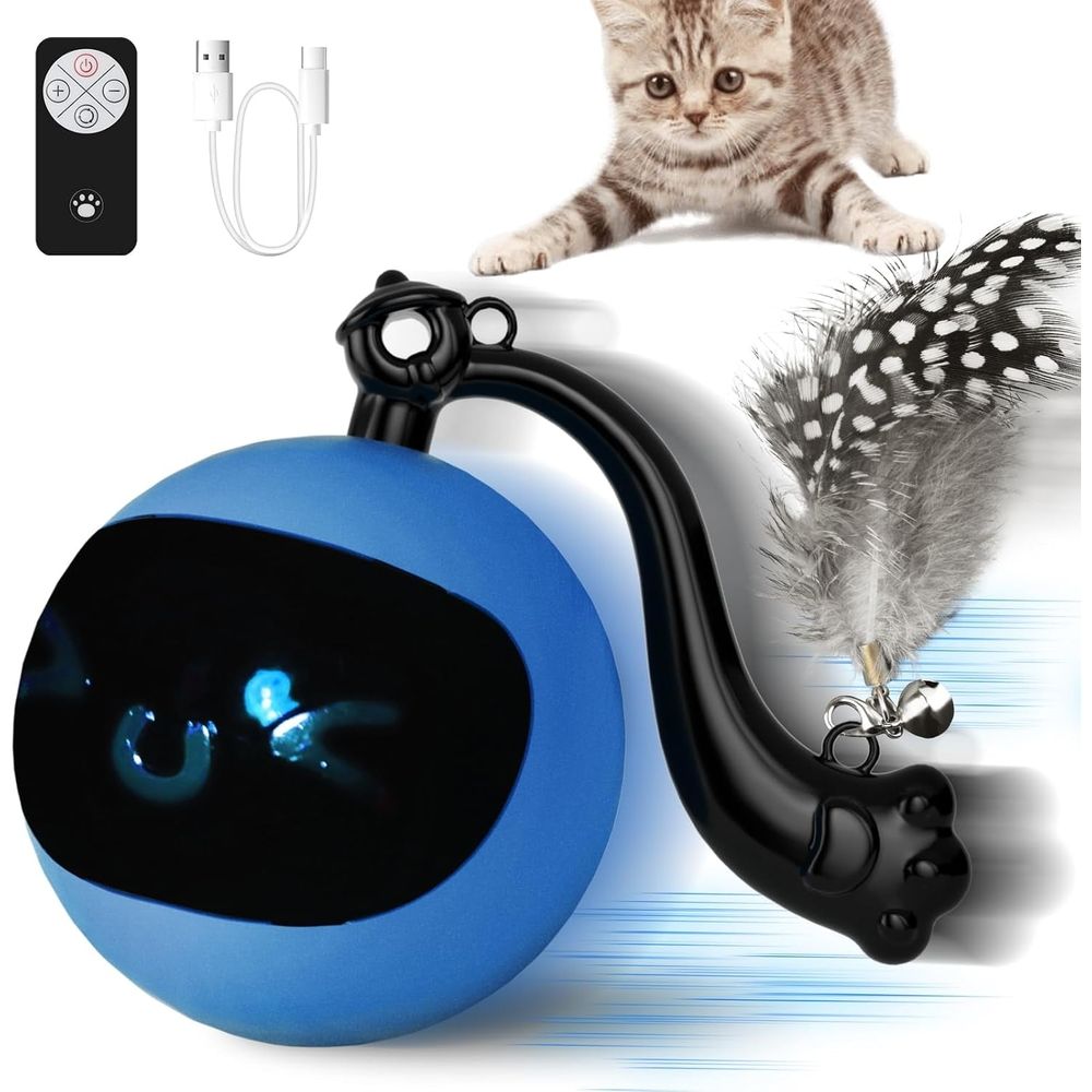 Interactive Cat Toy Ball with Remote Control, Automatic Moving & Rolling Cat Feather Toy, USB Rechargeable, Motion Activated Remote Control Cat Toy for Indoor Cats