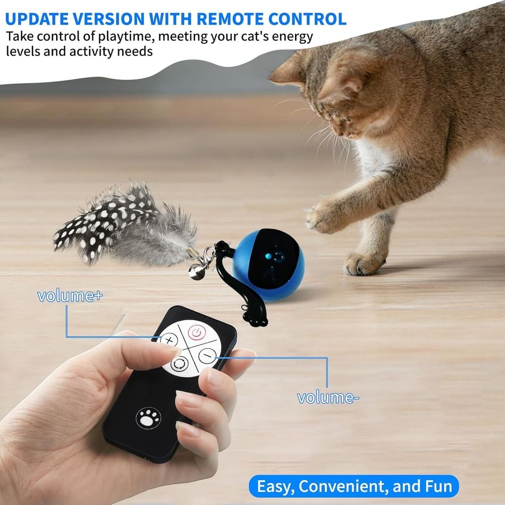 Interactive Cat Toy Ball with Remote Control, Automatic Moving & Rolling Cat Feather Toy, USB Rechargeable, Motion Activated Remote Control Cat Toy for Indoor Cats