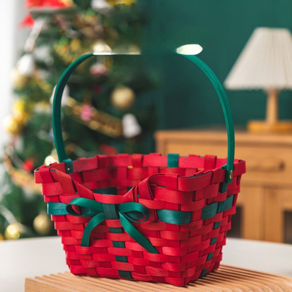 Christmas Wicker Storage Basket: Hand-Woven Red and Green Holiday Decorative Basket for Candy Storage, Table Centerpiece, or Festive Home Organization