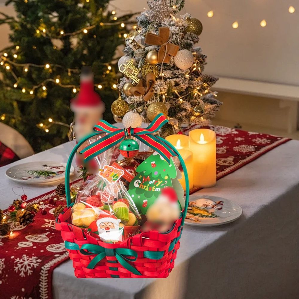Christmas Wicker Storage Basket: Hand-Woven Red and Green Holiday Decorative Basket for Candy Storage, Table Centerpiece, or Festive Home Organization