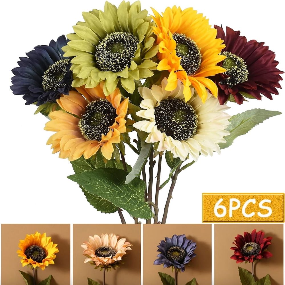 Large Silk Sunflowers Artificial Flowers 25" Long Stem Tall Artificial Sunflower 6PCS Fake Sun Flowers Bulk Rustic Faux Sunflowers with Stem for Home Wedding Party Décor