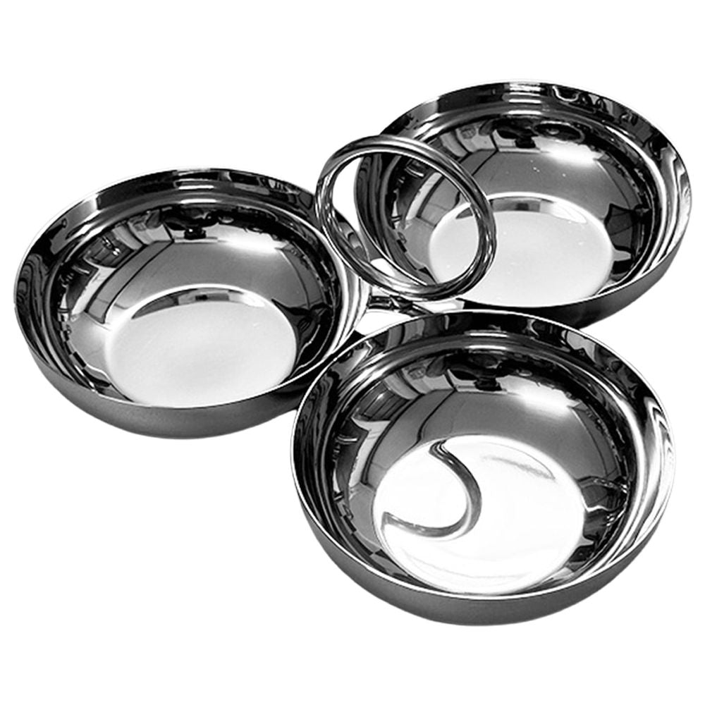 304 Stainless Steel 3 in 1 Snack Bowl with Handle, 3 Compartment Snack Plate Portable Fruit Bowl, Modern Round Stainless Steel Snack Plate, Reusable Snack Plate for Home Lunch Picnic Party