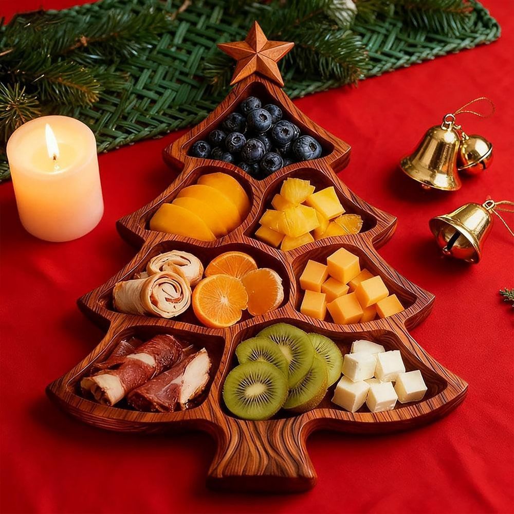 Christmas Tree Serving Tray Platter, Charcuterie Board with 8-Compartment, Snack Dessert Wooden Food Tray, 9.8*10.6 inch Cute Entertaining Platter for Cheese, Fruit, Desserts, Meat and Nuts