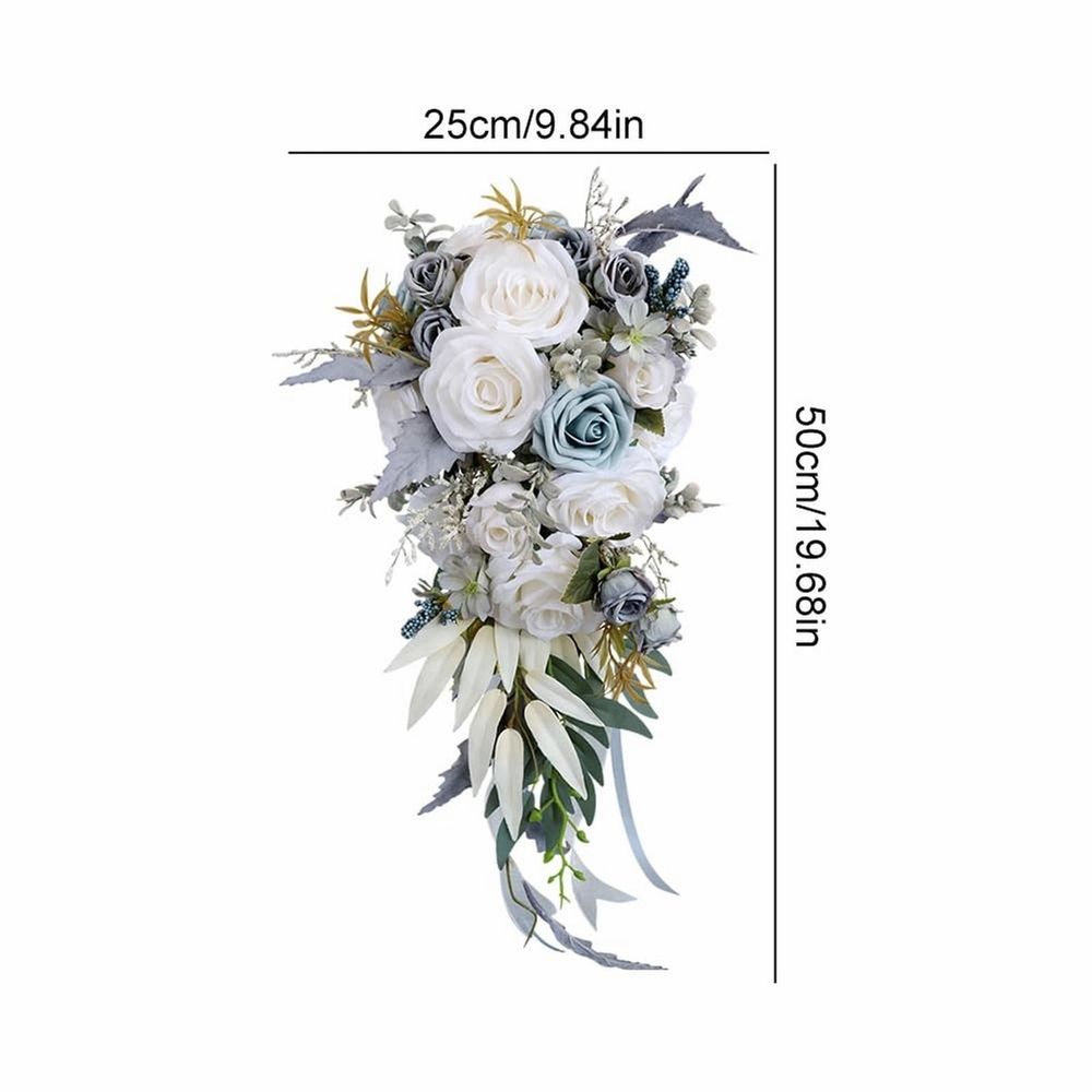 Wedding Bouquets for Bride Artificial Silk Rose Bouquets, Champagne Grey Blue Cascading Floral Design for Bridal & Bridesmaid Handheld Flower Arrangements White