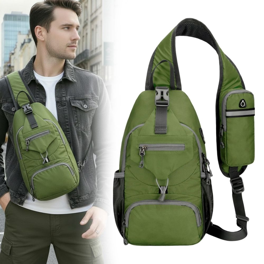 Sling Bag for Men 17in Blue, Blocking Crossbody Backpack with USB Port, Water Resistant Chest Pack for Travel Hiking Cycling, Multi-Pocket Shoulder Bag for Daily Commute