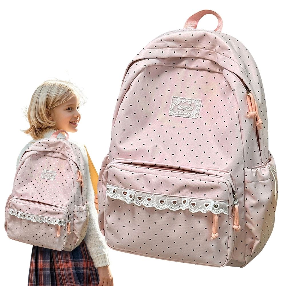 1Pcs 16.93in Cute Polka Dot Coquette Aesthetic Backpack, Lace Trim Water Resistant Nylon Daypack, Adjustable Strap Large Capacity Book Bag For Casual Daily Carry & Short Travel