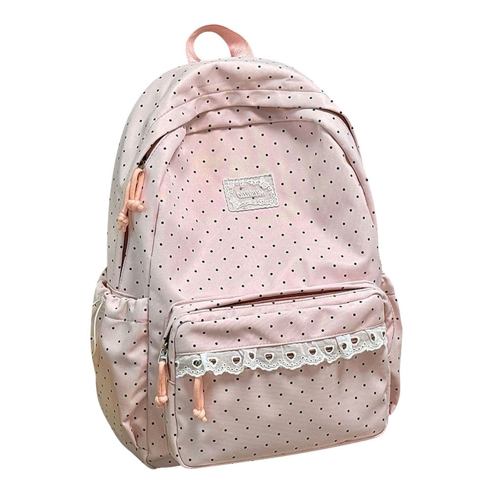 1Pcs 16.93in Cute Polka Dot Coquette Aesthetic Backpack, Lace Trim Water Resistant Nylon Daypack, Adjustable Strap Large Capacity Book Bag For Casual Daily Carry & Short Travel