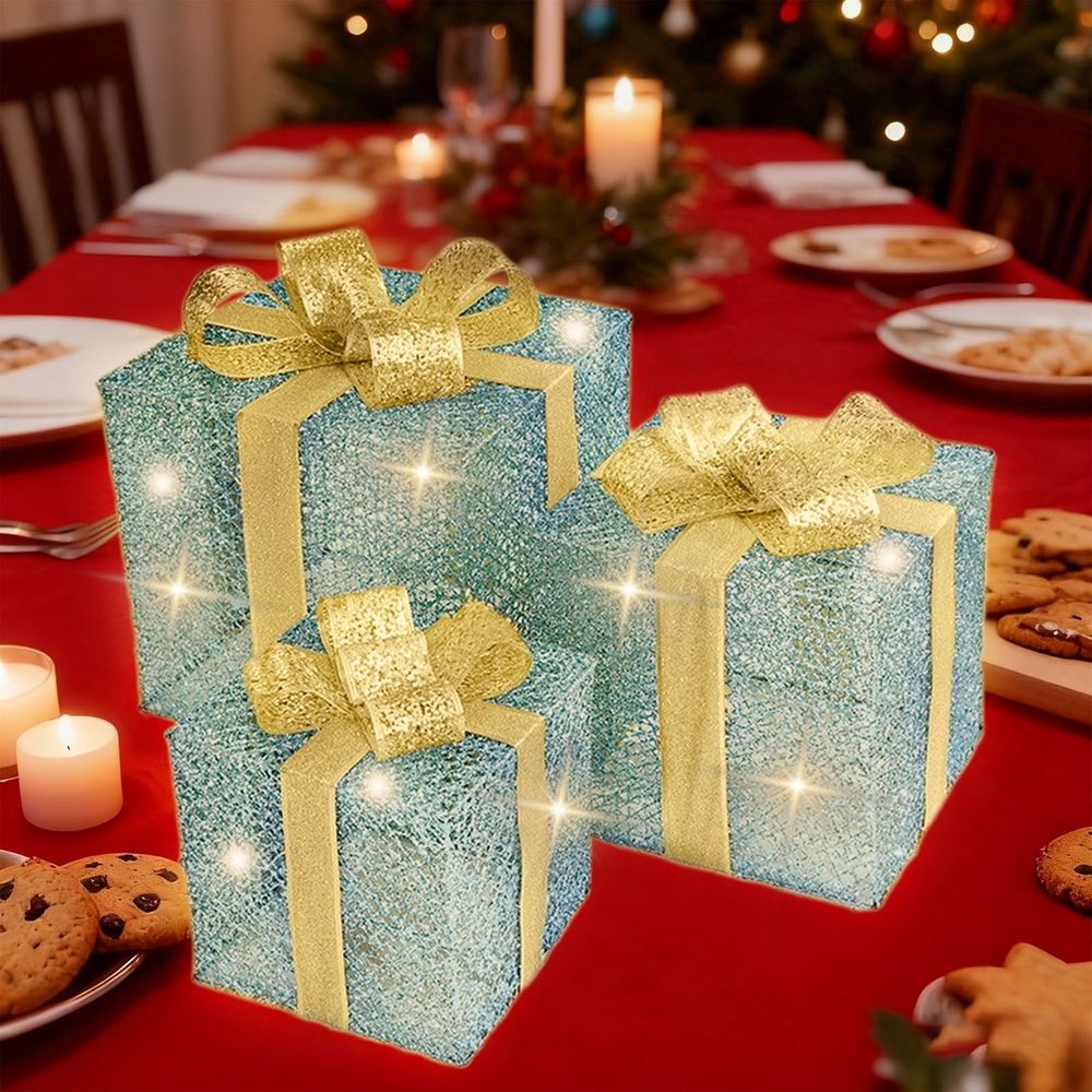 LED Christmas Decorations Set Of 3 Metal Light Up Gift Boxes Outdoor Holiday Decor Battery Operated Waterproof Yard Patio Decorations for Winter Holidays Clearance