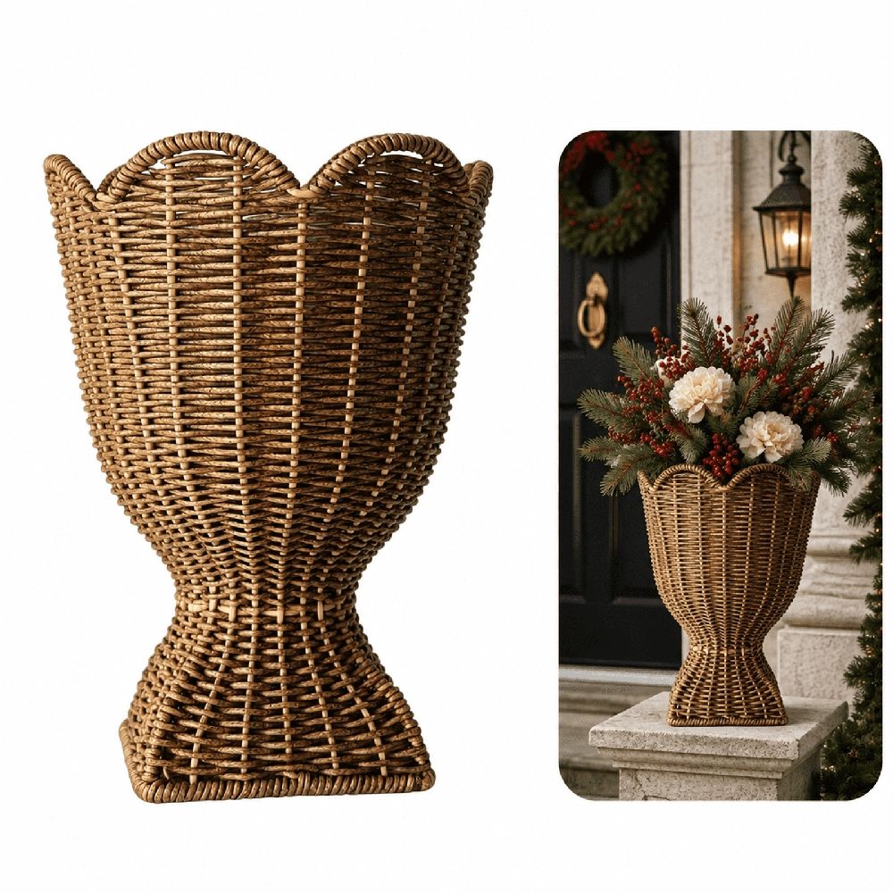 Hand‑Woven Rattan Urn Style Vase, Scalloped Edge Decorative Woven Basket Vase, 12.2 Inch Rustic Rattan Planter Vessel for Dried Floral Arrangement, Entryway Tabletop Porch Home Decor