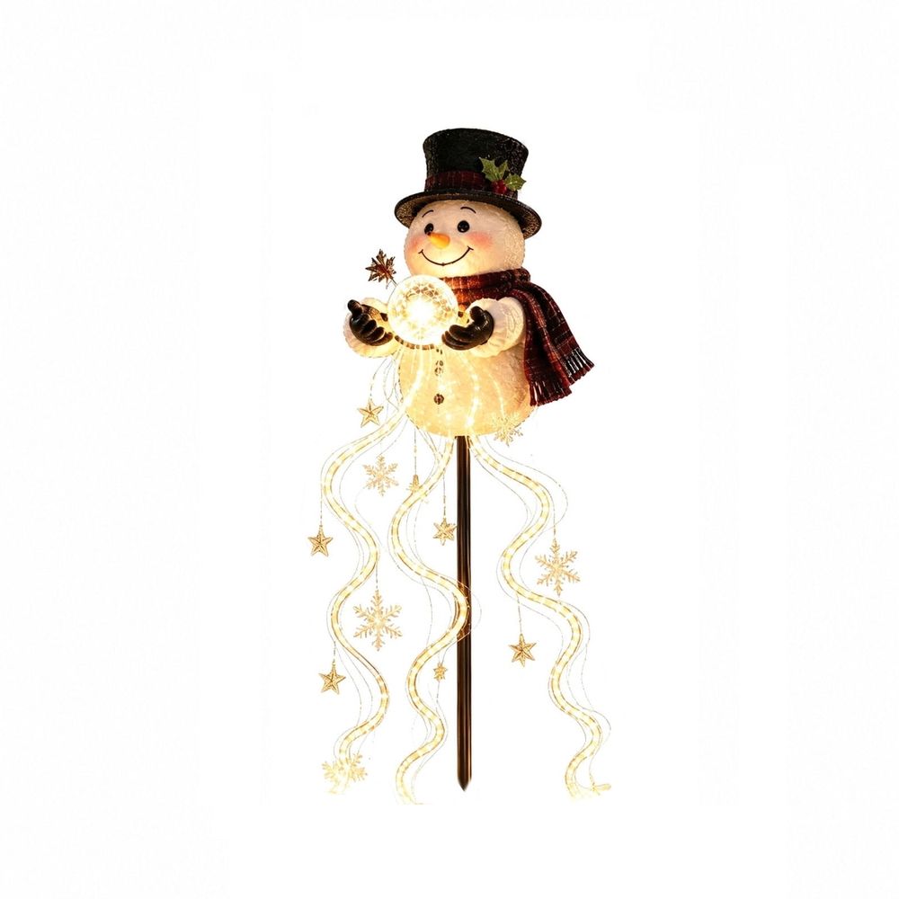 Solar Christmas Snowman Garden Stake Light, Resin Snowman Pathway Decor Lamp with Warm Fairy String Lights, Snowflake & Star Ornaments for Outdoor Yard Lawn Holiday Decoration
