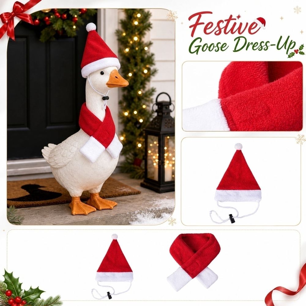 Christmas Porch Goose Outfit, Santa Hat and Scarf Set for Lawn Goose Statue, Holiday Goose Dress Up Accessories for Front Porch Garden Decor