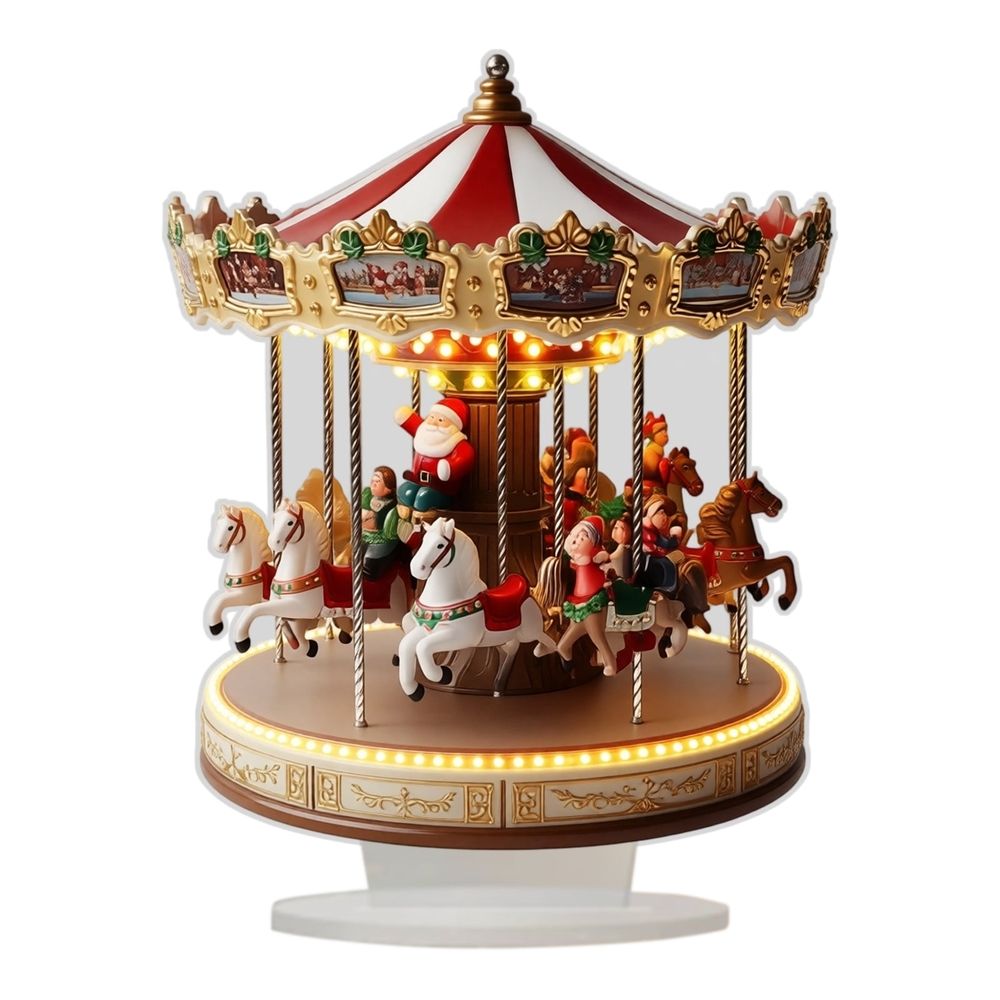 Carousel Music Box, Vintage Christmas Decor 360° Spinning Horses & Santa with Warm LED Lights, Festive Tabletop Holiday Decoration & Gift