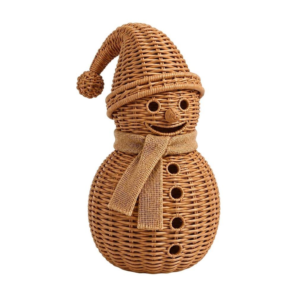 Imitation Rattan Christmas Snowman Figurine, 11.81 × 6.3 In, Vintage Farmhouse Winter Holiday Decor, Statue for Indoor and Outdoor Home Decoration