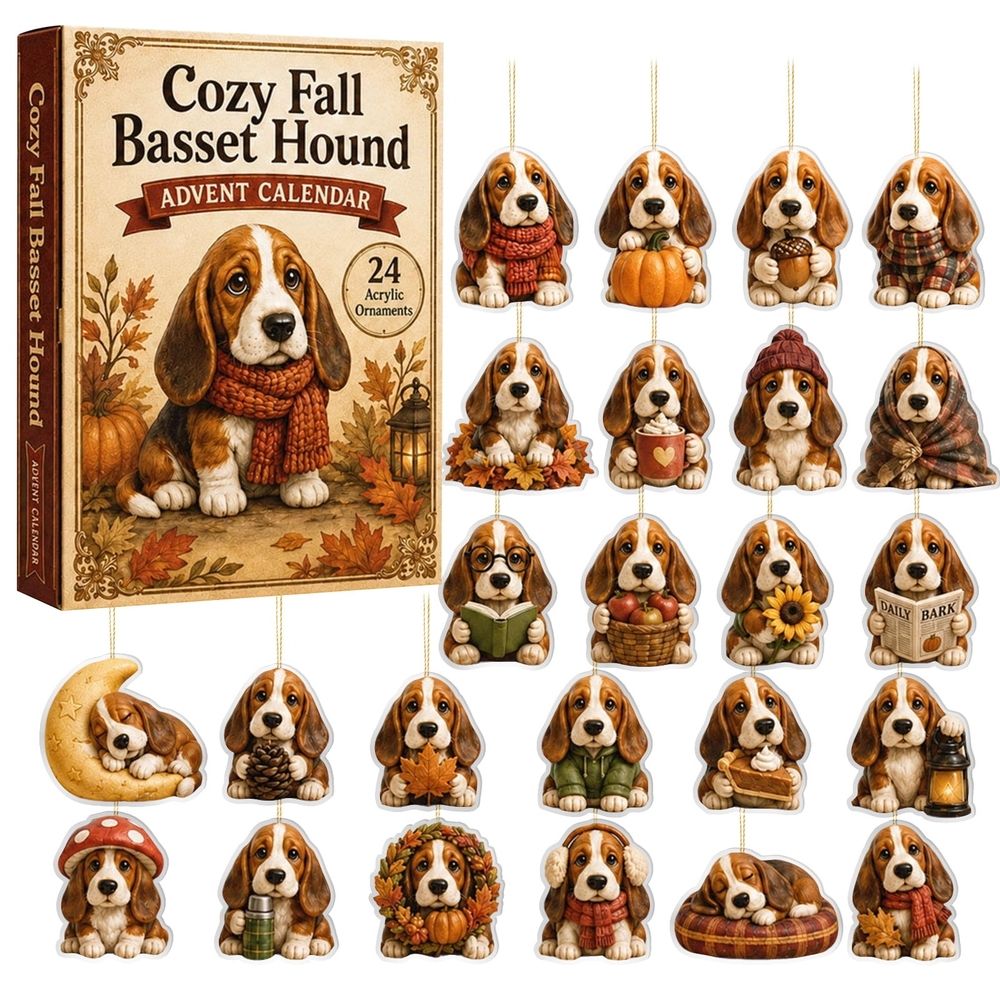 Cozy Fall Basset Hound Advent Calendar, 24‑Day Countdown with 24Pcs 2D Double‑Sided Acrylic Hanging Ornaments, Vintage Autumn Dog Themed Christmas Tree Decor Surprise Gift for Family