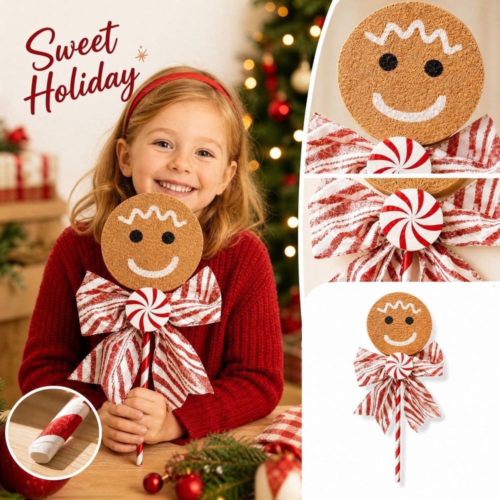 Large Christmas Gingerbread Lollipop Hanging Ornament, Plastic Xmas Tree Decor with Bow, Festive Holiday Party Display and Gift