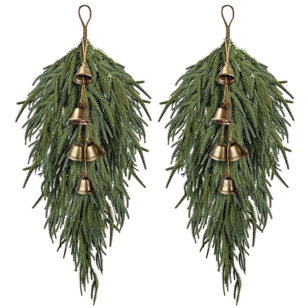 2 Pcs Norfolk Pine Christmas Swag with Bell,23.6inch Norfolk Pine Teardrop Swag,Christmas Teardrop Wreath for Door Window Mantle Fireplace Indoor Outdoor Home Decorv
