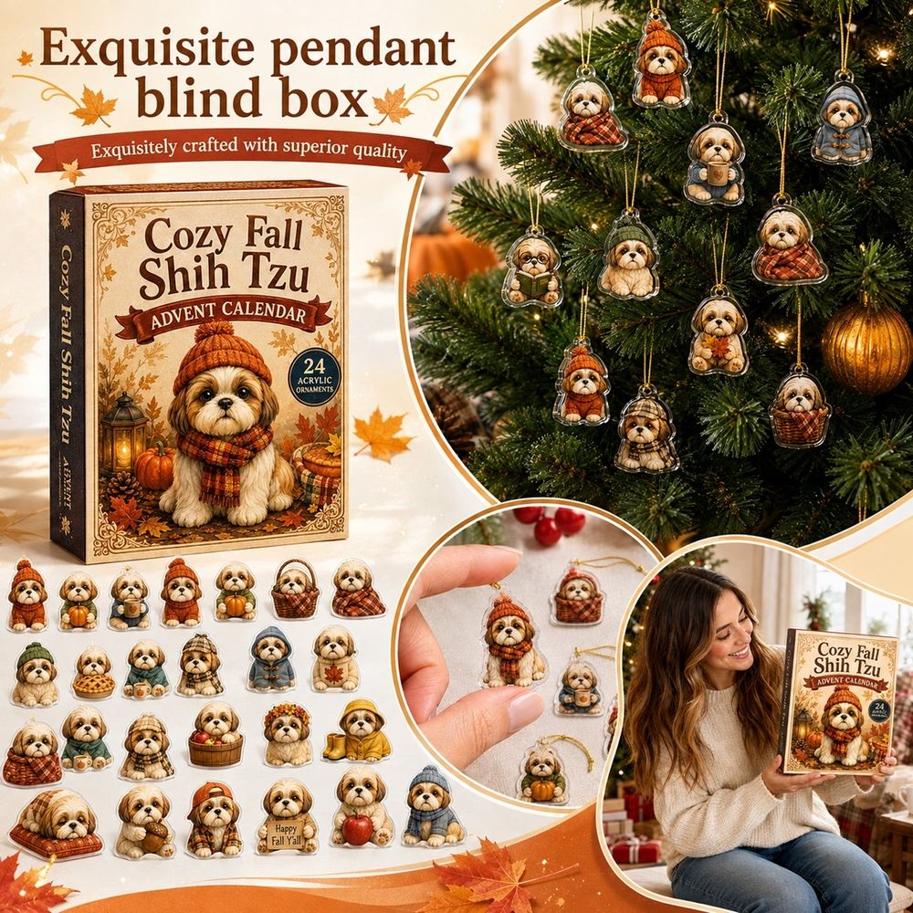 Cozy Fall Shih Tzu Advent Calendar 2026, 24 Days 2D Acrylic Dog Ornaments Countdown Calendar, 24Pcs Flat Autumn Shih Tzu Hanging Decorations for Xmas Tree Dog Lovers Gift
