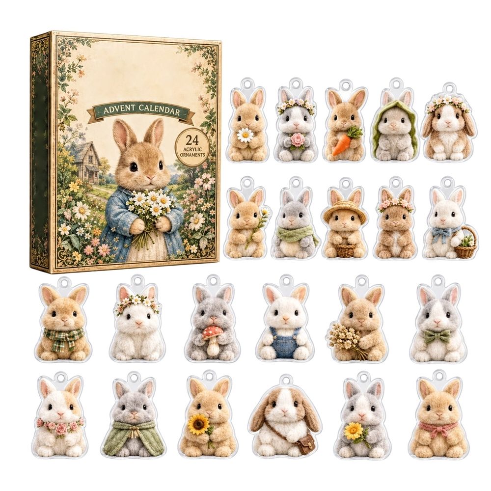 Rabbit Advent Calendar, 24Pcs 2D Acrylic Bunny Ornaments, Christmas Countdown Blind Box Hanging Decor for Rabbit Lovers, Vintage Garden Style