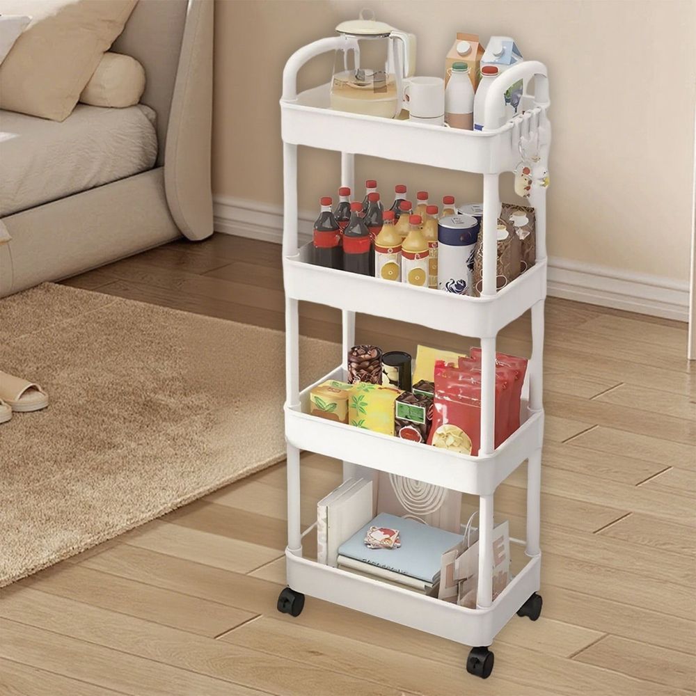 4-Tier Rolling Storage Cart with Armrests - Multi-Purpose Kitchen, Bathroom & Living Room Organizer - Shelving Unit with Wheels