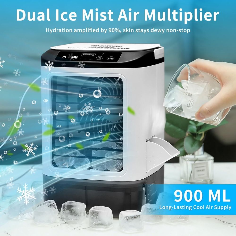 Portable Evaporative Air Cooler Fan with Spray Function and Ice Box Personal Desktop Cooling Unit with Water Tank
