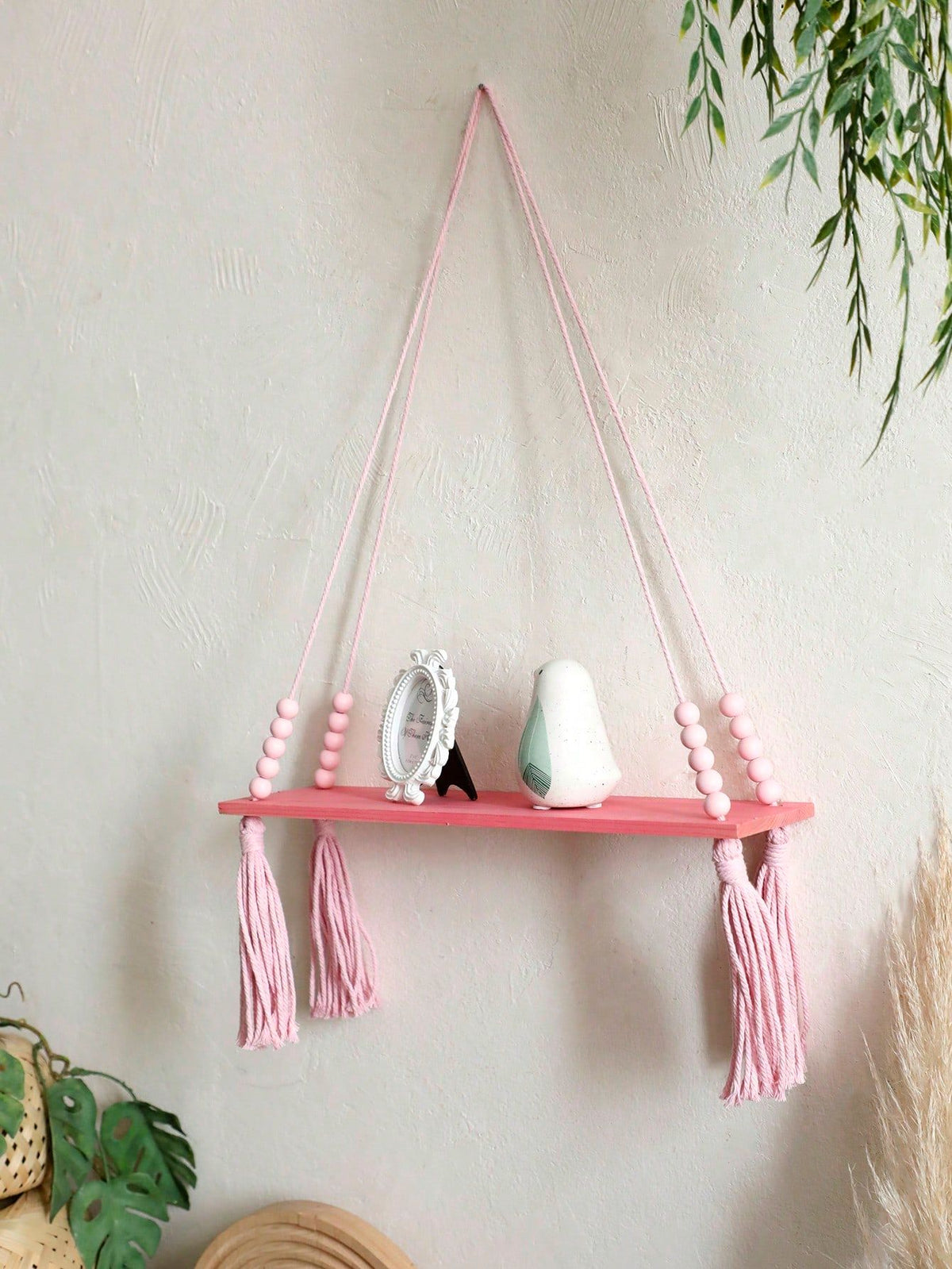 1Pcs Bohemian Pink Hanging Shelf with Tassels – Decorative Wood Wall Mounted Floating Shelf for Bedroom, Living Room, Cute Boho Organizer for Plants, Toys, Accessories