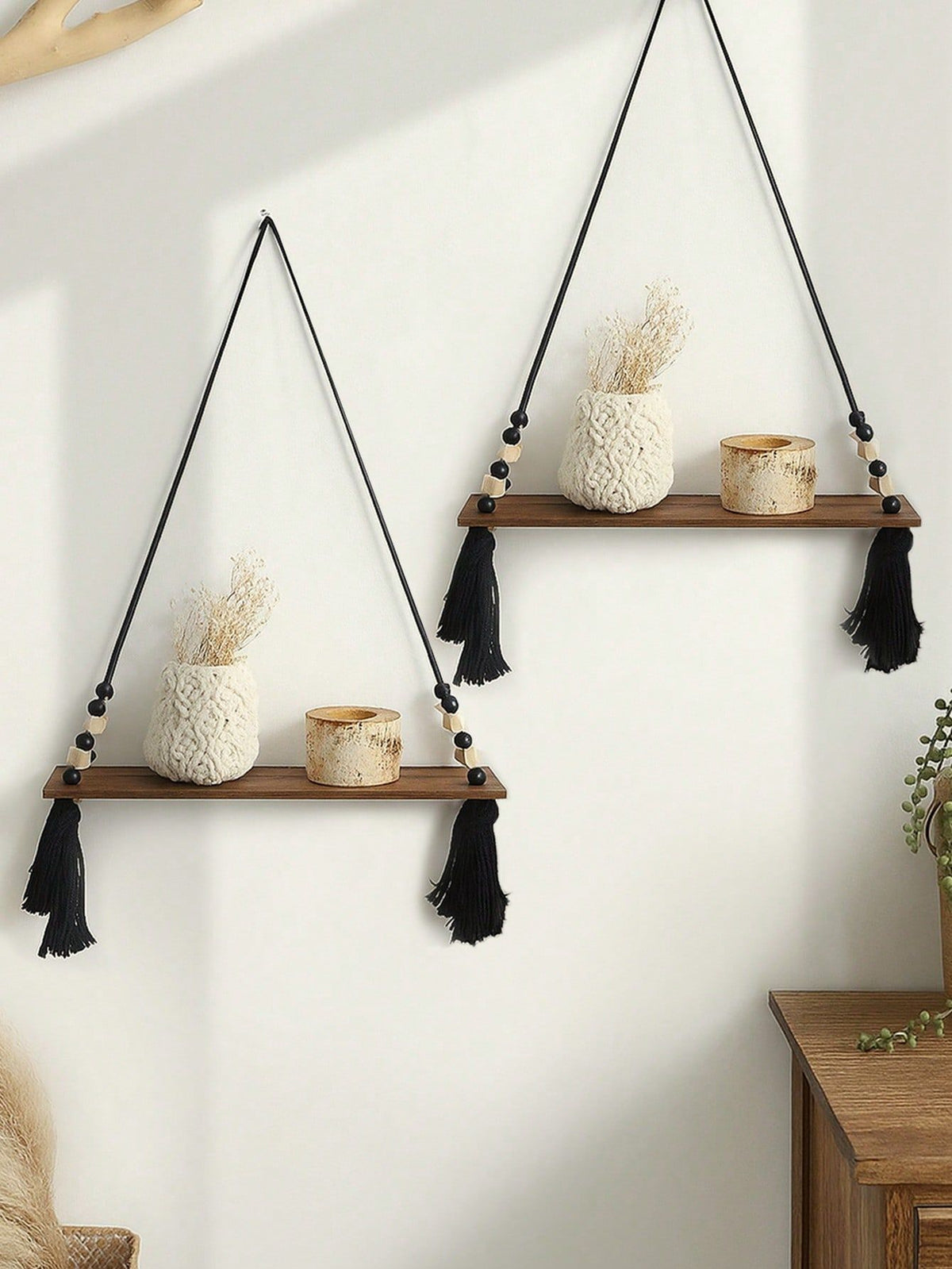 1Pcs Boho Macrame Hanging Shelf with Tassels – Rustic Floating Wooden Wall Shelf for Bedroom, Living Room
